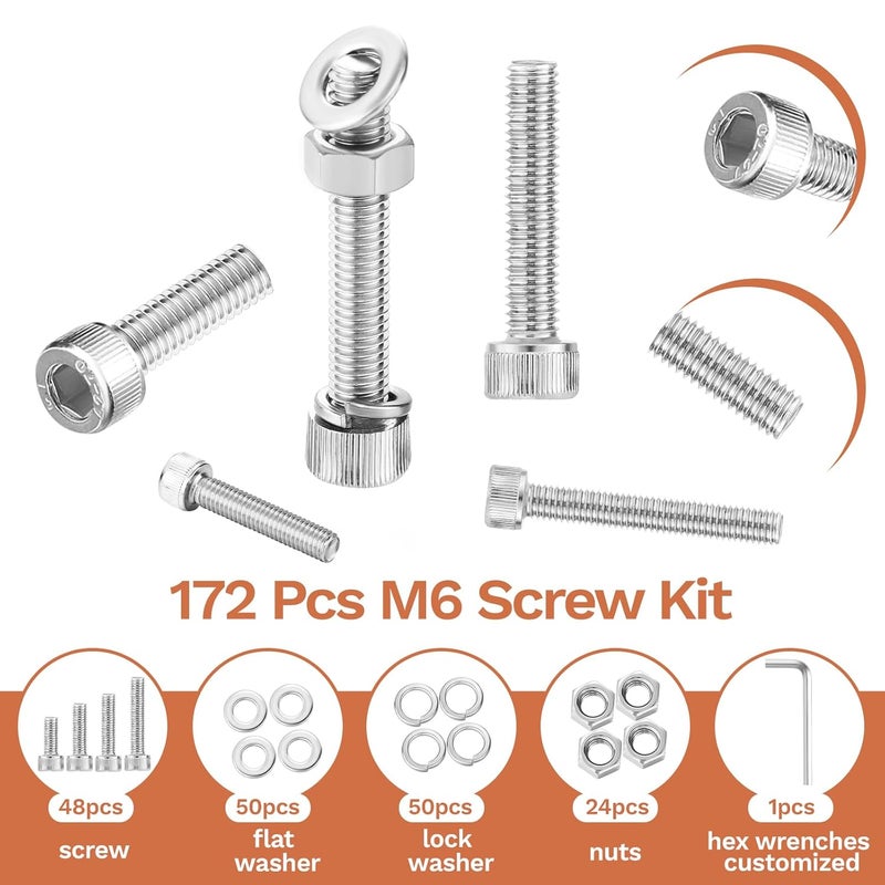 Hapric 172 Pcs M6 Screws Assortment Kit, M6x 8/10/12/16/20/25/30/35mm M6 Bolts Kit, 304 Stainless Steel Hex Socket Head Screws Nuts Bolts and Washers Set - Image 3